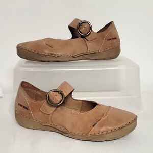 Josef Seibel Tan Leather Wedge Flats with Strap and Stitching